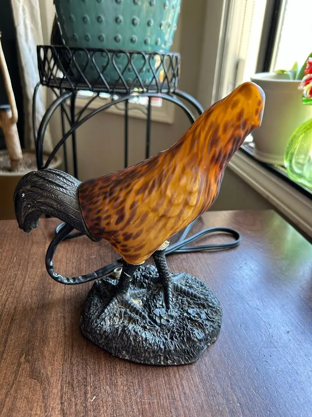 Vintage Metal Rooster Shaped Amber Glass Shade Table / Desk Lamp no head